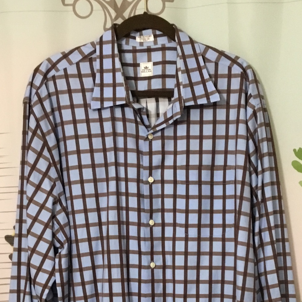 Peter Millar Button Down Dress Shirt Men's Size XXL Blue Brown Plaid